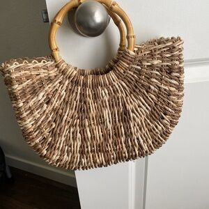 Faded Glory Beige Woven Handbag with Cream Rope Handles